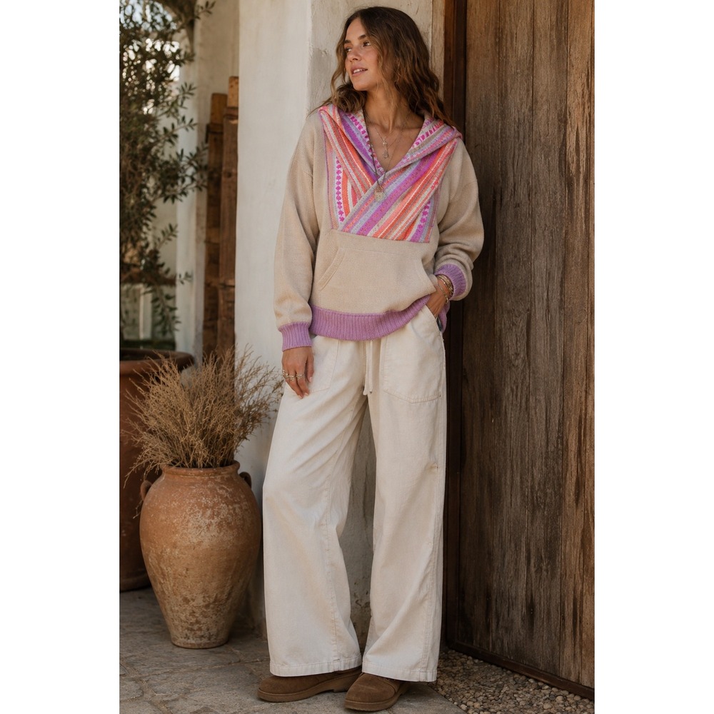 NWT Fate Women Oversized Knit Hoodie Striped Geometric Multi Color Tan Small